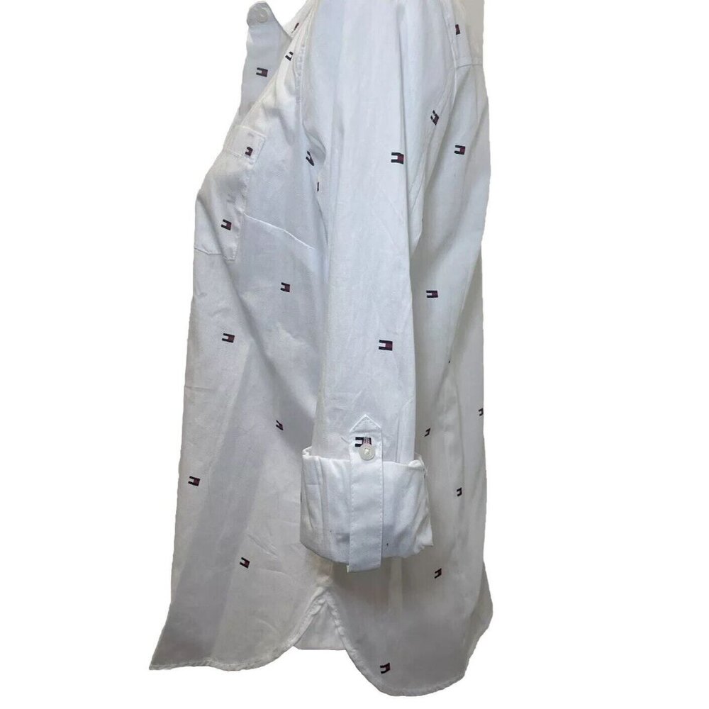 TOMMY HILFIGER Logo Women's White Collared Roll-Tab Button-Up Shirt Top Size S - Picture 4 of 7